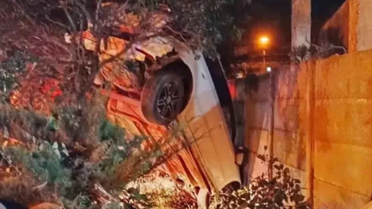 Borracho perdió el control del auto: quedó colgado de un árbol