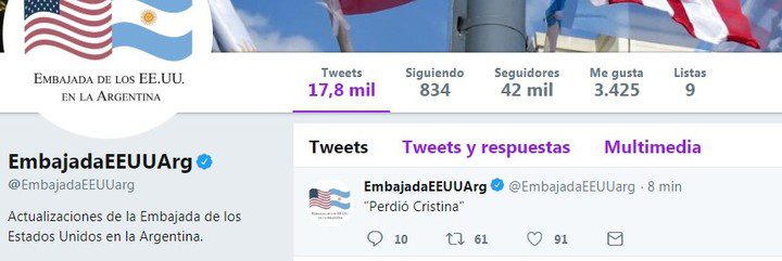 Polémica por un tuit de la Embajada de los Estados Unidos: “Perdió Cristina”