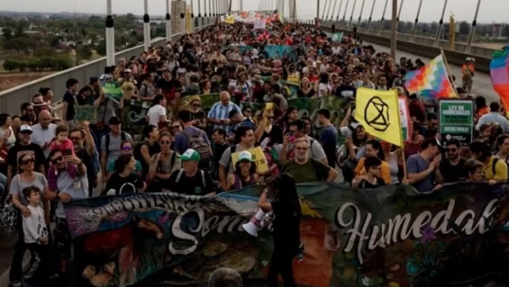 Masiva protesta en el puente Rosario-Victoria para pedir el fin de los incendios y ley de humedales