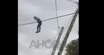 Impactante video de un roba cable en las alturas