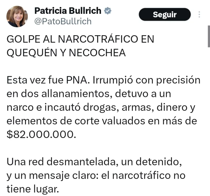 Fue hace 20 días el operativo antidroga del que habla Patricia Bullrich