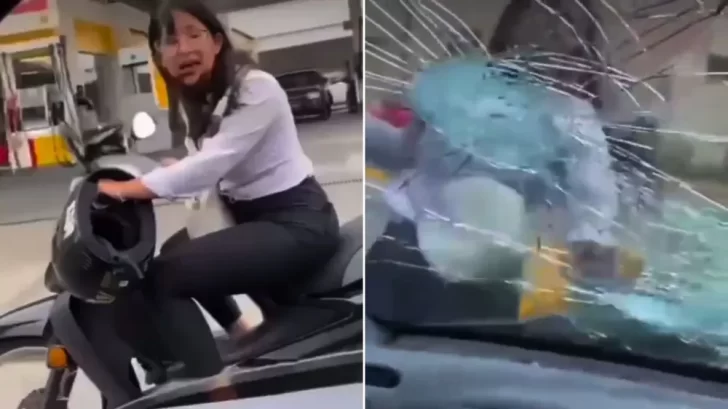 Video: una mujer persiguió en moto a su expareja y le reventó los vidrios del auto a cadenazos