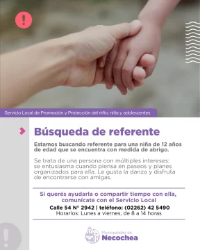 El Servicio Local busca referente para una niña con medida de abrigo