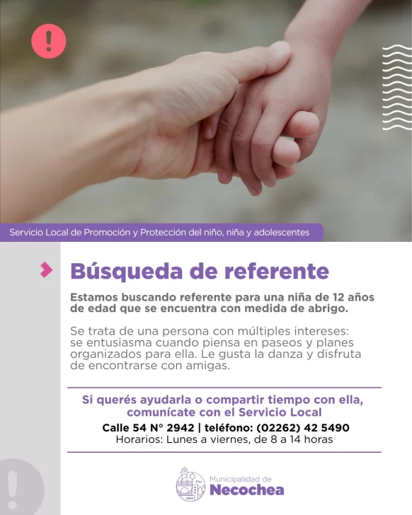 El Servicio Local busca referente para una niña con medida de abrigo