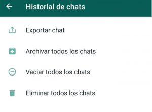  Lo que sí se puede hacer, desde la app, es optar por recibir los historiales de chats por correo electrónico o alguna otra vía. Para eso hay que ingresar en Ajustes, presionando los tres puntos en el margen superior derecho, luego ir hasta Chats/Historial de chats/exportar chat y seleccionar todas las conversaciones que se quieran conservar.  MÁS SOBRE ESTE TEMA:  Cómo guardar y transferir tus chats de WhatsApp de un celular a otro  Google lanza su nuevo servicio de mensajería para competir con WhatsApp y Telegram  El controvertido emoji de WhatsApp: ¿qué significa?  TEMAS RELACIONADOS APLICACIONES CELULARES REDES SOCIALES SMARTPHONES WHATSAPP Tweet  Compartir en Facebook   Compartir en Twitter     ÚLTIMAS NOTICIAS Cecilia de 13 años salió a las tortillas y desapareció en Chalco La adolescente fue vista por última vez el viernes 14 de junio y no ha regresado a casa    Dos oros y dos platas para México en la Olimpiada Matemática regional Únicamente dos boletos de avión para los miembros del equipo fueron pagados por el Conacyt    Los venezolanos salen a protestar para exigir derechos humanos mientras Michelle Bachelet está en el país El presidente interino Juan Guaidó se sumó a la convocatoria de distintas ONG para manifestarse en la sede de las Naciones Unidas en Caracas. Su esposa, Fabiana Rosales, se hizo presente y valoró que la gente esté en las calles    Balacera en Tlajomulco: reportan un muerto El gobernador de Jalisco, Enrique Alfaro, emitió un mensaje en Twitter en el que aseguró que estaba al tanto de la situación    El extraño pedido de las autoridades chilenas a los hinchas que se juntarán a ver el partido Chile-Ecuador Por los altos niveles de contaminación que hay en Santiago de Chile, el Ministerio del Medio Ambiente hizo una advertencia sobre el menú de quienes se reúnan en la noche del viernes    Jennifer Aniston deslumbró en las playas de México con su espectacular figura en bikini La actriz celebra a su amiga Courteney Cox y el éxito de su más reciente filme para Netflix, junto a Adam Sandler, "Murder Mystery"    MAS NOTICIAS TE RECOMENDAMOS   MÁS LEÍDAS  1En estos teléfonos ya no se podrá descargar WhatsApp a partir del 1 de julio A diferencia de WhatsApp o Telegram, el servicio de Google no ofrece, por el momento, cifrado de extremo a extremo. 2"Me trataron como a un perro": la declaración de una empleada que trabajó en la boda millonaria de Sergio Ramos y Pilar Rubio Real Madrid's Spanish football player Sergio Ramos and his wife Pilar Rubio pose as they arrive for their wedding reception at Bollullos de la Mitacion, near Seville, on June 15, 2019. (Photo by CRISTINA QUICLER / AFP) 3Donald Trump explicó por qué detuvo el ataque a Irán a último momento Donald Trump (AP) 4Lupillo Rivera habló de su relación con Belinda: "Es la mujer más bella que he conocido en mi vida" Belinda fue relacionada al cantante Lupillo Rivera (Instagram: yahirmusic) 5Publicaron un archivo de fotos inéditas del ataque a las Torres Gemelas captadas por un anónimo (AFP) THE NEW YORK TIMES   "Al filo de la democracia": una mirada a Brasil con indignación y desengaño Dos budas gigantes sobrevivieron 1500 años, pero ahora quedan solo fragmentos, grafitis y un holograma Millones los siguen en redes sociales, pero ¿quién asegura que son reales?  ENTRETENIMIENTO  Las fotografías recordaron a la escena de la película animada (Foto: Disney) "El Rey León" en la vida real: captaron a dos leones idénticos a Mufasa y Simba Los mensajes de texto que presentaron como prueba en el juicio contra Kevin Spacey por abuso sexual Lupillo Rivera habló de su relación con Belinda: "Es la mujer más bella que he conocido en mi vida" EEUU   Foto: Especial El momento exacto de la impactante explosión de la refinería de Filadelfia Un conductor arrolló y dejó morir a un sobreviviente del Holocausto que tenía 91 años en Los Ángeles Donald Trump explicó por qué detuvo el ataque a Irán a último momento    La polémica foto de Gianluigi Buffon que indignó a los usuarios en las redes sociales 70 puntos de sutura y reconstrucción del labio inferior: la brutal patada que asustó hasta al propio agresor Cómo ayudó Guillermo Del Toro al equipo femenil mexicano de hockey sobre pasto varado en Japón