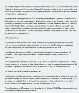 El comunicado que establece la ayuda del Gobierno hacia los clubes por la pandemia.